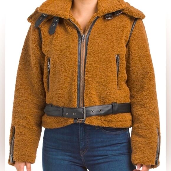 Blank NYC Jackets & Blazers - Blank NYC Sherpa Moto Jacket W/ Removable Hood & Belt Brown Size Small NWT